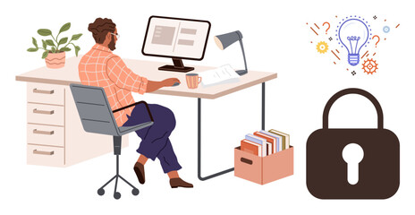 Person working at desk with computer, coffee, and office supplies security padlock and innovation light bulb nearby. Ideal for workplace productivity, cybersecurity, creativity, innovation, remote
