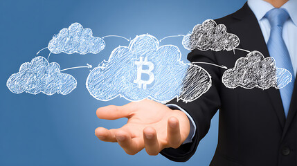 Businessman presenting cloud-based cryptocurrency concept with Bitcoin symbol