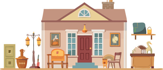 A detailed illustration of a house showcasing furniture and household items in a cozy, lived-in setting.