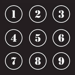 Set of 1 to 9 numbers simple design isolated. typography set of rounds 1 to 9 numbers. bullet point number icons collection. black numeral typographic line and flat icons set.