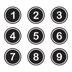 Set of 1 to 9 numbers simple design isolated. typography set of rounds 1 to 9 numbers. bullet point number icons collection. black numeral typographic line and flat icons set.