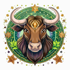 Detailed Illustration of a Bull's Head Featuring Zodiacal Characteristics and Stellar Embellishments