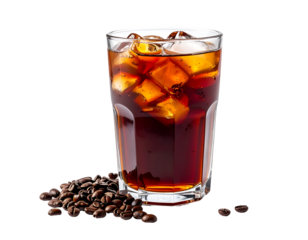 Iced coffee in a clear glass with ice cubes, accompanied by roasted coffee beans