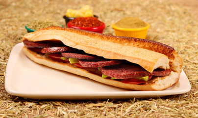 a sandwich with sausage, vegetables, peppers and spices,big close up view