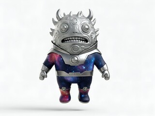 A whimsical silver and galaxy-patterned alien creature with horns and large eyes, wearing armor, against a white background.