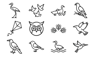 Collection of Line Art Icons – Birds, Flying Dove, Duck Family, Owl Face, Hummingbird, Parrot, Kite, Crane, and Decorative Floral Symbol Outline on White Background