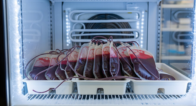 Vital blood supply stored safely in a medical refrigerator, ensuring life-saving resources are ready for urgent transfusions and critical healthcare needs - Powered by Adobe