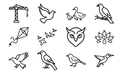 Collection of Line Art Icons – Birds, Flying Dove, Duck Family, Owl Face, Hummingbird, Parrot, Kite, Crane, and Decorative Floral Symbol Outline on White Background