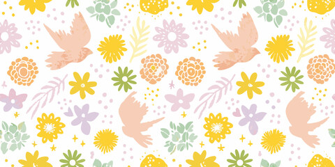 Whimsical pastel pattern with flying birds and blooming flowers