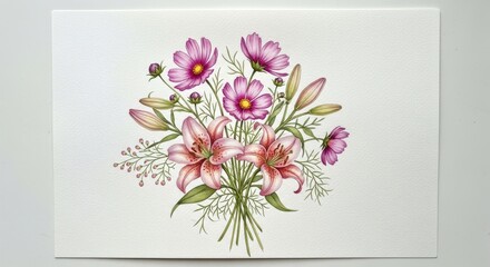 Watercolor Bouquet: Pink Lilies and Cosmos Flowers.