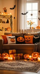 Obraz premium A cozy and festive living room decorated for Halloween, featuring a warm and inviting atmosphere 