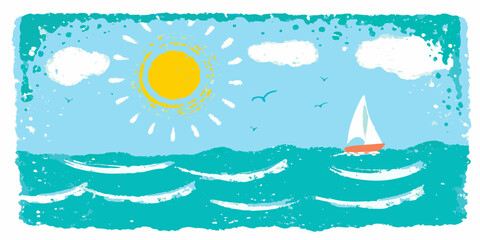 Charming hand drawn illustration of a sailboat on a sunny day with blue sky and ocean waves