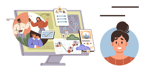 Computer screen with apps for project planning, chats, task tracking, and analytics. User profile nearby. Ideal for workflows, teamwork, remote work, task management communication productivity