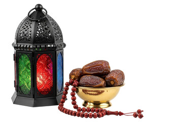 A traditional black Moroccan lantern with glowing red/green/blue glass, brass bowl with Medjool dates, wooden prayer beads on a transparent background with copy space. Concept of Islamic traditions