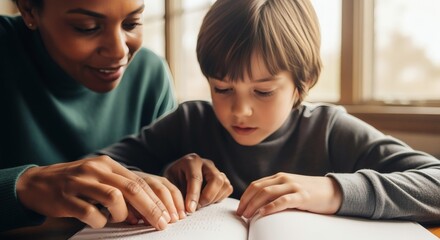 Photorealistic adult teaching child to read Braille text with warm educational mood. Bright daylight tones
