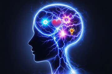 Abstract glowing silhouette of a human head with electric blue energy and icons
