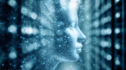 Digital human profile composed of particles with glowing data streams in a server room background