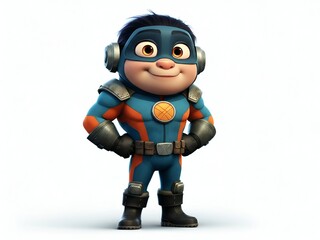 Cartoon superhero character with blue and orange suit and mask.