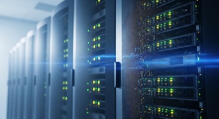 A row of server racks in a data center, with blinking lights and a blue light streak.