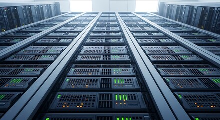Rows of server racks fill a modern data center, extending upward.