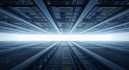 A perspective view of rows of server racks in a data center, stretching towards a bright central point.