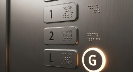 Stock-photo style close-up of tactile Braille signage on elevator buttons. Realistic indoor lighting