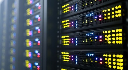Rows of server racks displaying blinking lights, indicating data processing and network activity within a data center.