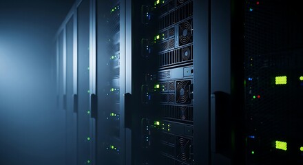 Rows of server racks illuminated with green lights in a data center, showcasing technology.