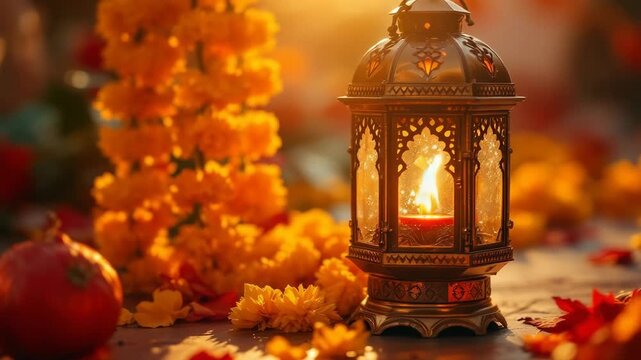 Radiant diwali morning light illuminating traditional indian lantern with marigold flowers and festive decorations