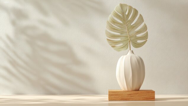 Light beige, pale green leaf in simple vase on light wood platform, sunlit shadows