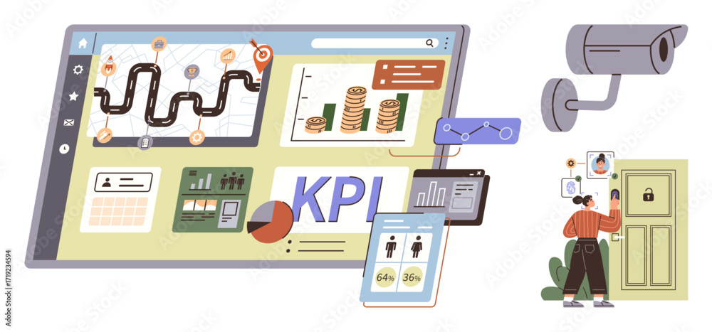 Wall mural analytics interface displaying kpi metrics, charts, and data visualization connected to devices. sec