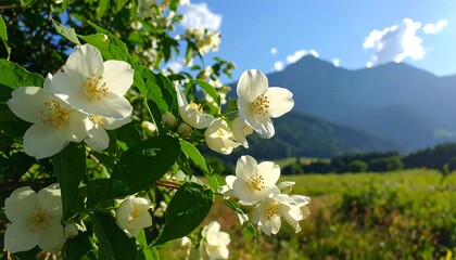 Blossoming jasmine against mountains