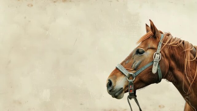 Profile of brown horse with halter against textured background