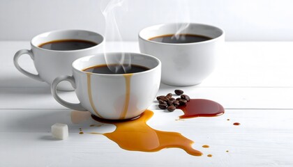 A spilled hot black coffee from a ceramic cup. The image captures a messy morning, a moment of chaos, or a daily life accident in a cozy setting.