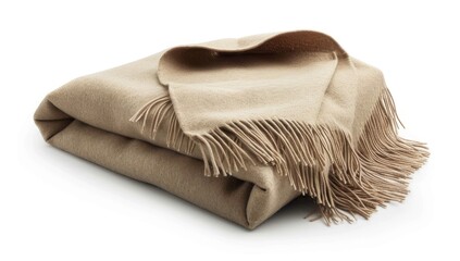 A neatly folded, light beige throw blanket with fringed edges rests on a white background.  Its soft texture and simple design suggest comfort and warmth