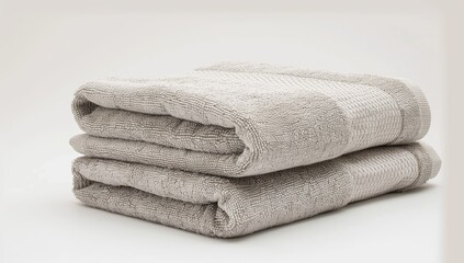 Two neatly folded, light beige bath towels sit on a white background. The towels appear soft and fluffy, with subtle texture visible