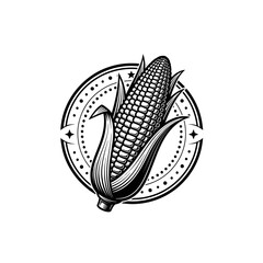 Vintage style black and white illustration of an ear of corn, with decorative circular frame.