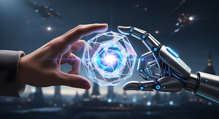 Human and Robot Hands Hold Glowing Crystal Sphere Together Cooperation Concept