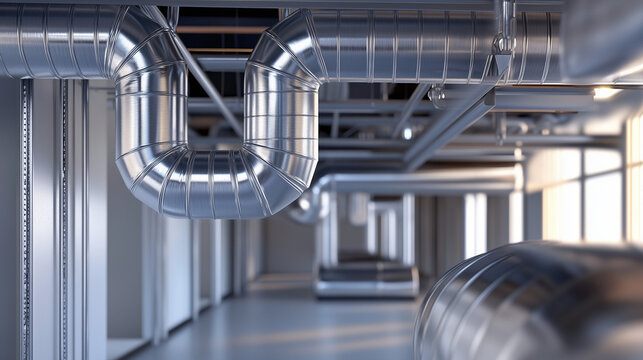 Industrial ventilation ducts in modern building interior  