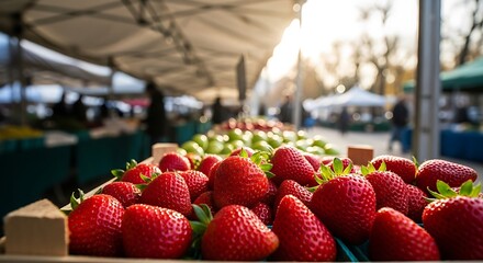 Vibrant Strawberries Display at bustling outdoor farmer's market scene