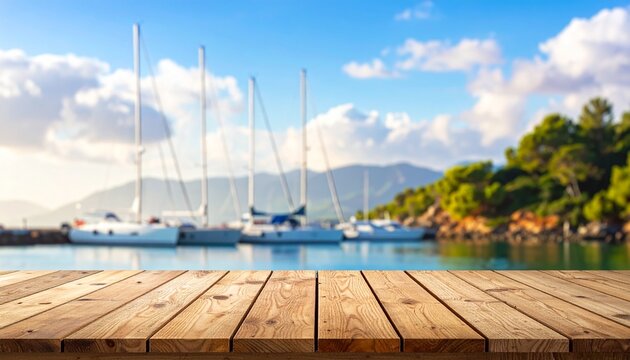Empty wooden table top with blurred Marina and Sailboats in Ocean, Sea. Wooden tabletop oversea