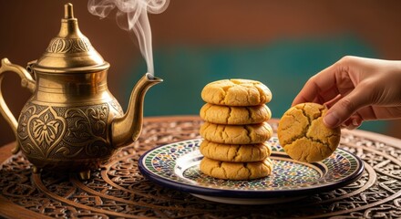 A hand reaching for a golden cookie from a stack next to a steaming brass teapot on a beautifully carved wooden table, evoking a traditional tea time scene.