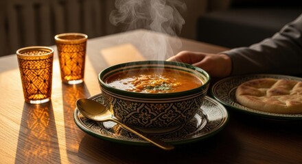 A close-up shot of a bowl of soup with bread and glasses on a table.