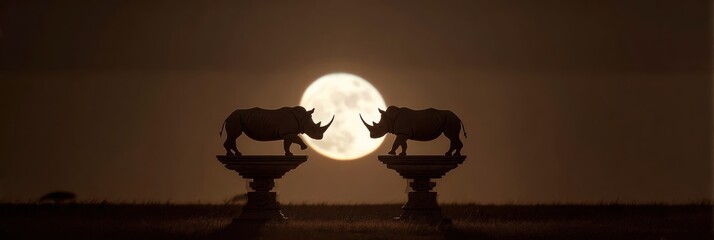 Rhinos silhouette full moon