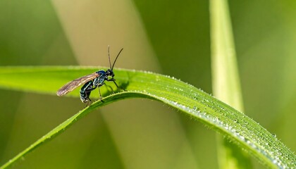Close-up of a colorful insect on a blade of grass