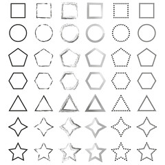 Geometric shape set. Hexagon triangle square. Abstract grunge texture. Vector rough drawing.