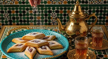 Moroccan pastries, sprinkled with powdered sugar, on a teal tray, with a gold teapot and teacups in the background.