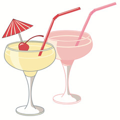 3D product mockup showing alcohol fruit cocktails in clear glasses with straws and fruit decoration, isolated render.