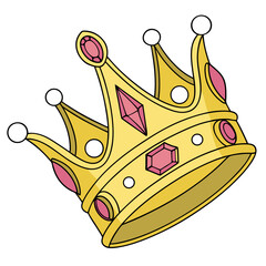 Luxury 3D illustration of golden crown with pink and white diamonds, birthday party or winner celebration concept.