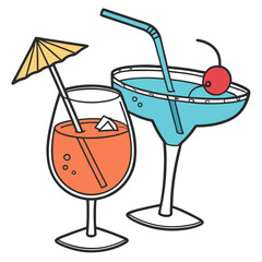 3D render design of alcohol cocktails with fruit garnish in elegant transparent glasses, isolated clean vector.